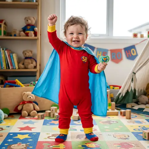 Infantile Superhero in Vibrant Red Spandex Suit with Sky-Blue Cape