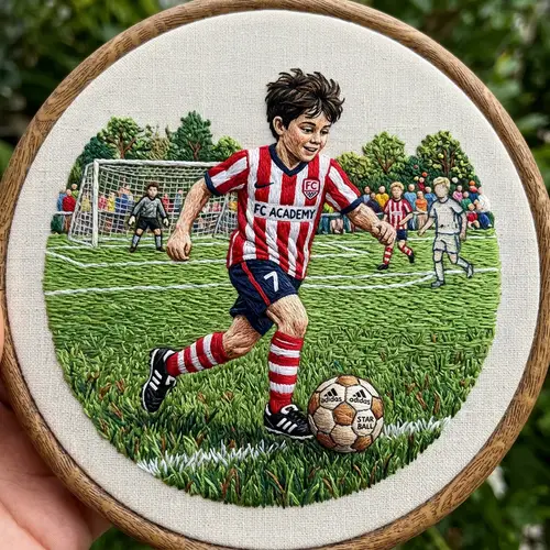 Boy in Soccer Outfit with Ball - Embroidered Effect