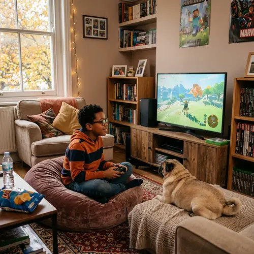 Brown-Skinned Boy Gaming with Pug in Cozy Room
