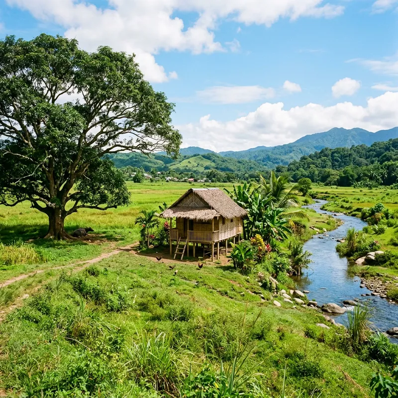 Serenity in Nature: Kubo Surrounded by Fields and Tree Serenity in Nature: Kubo Surrounded by Fields and Tree