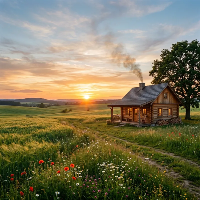 Serene Fields and Cabin in Nature Serene Fields and Cabin in Nature