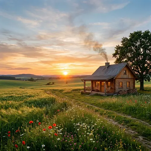 Tranquil Meadow and Cozy Cabin at Sunset