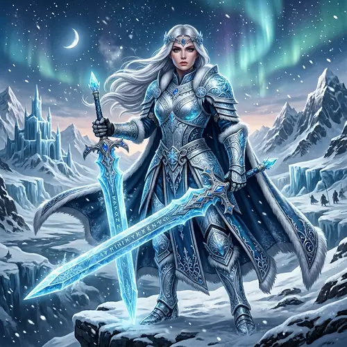 Elegant Warrior Woman in Icy Blues and Silvers with Crystalline Greatsword