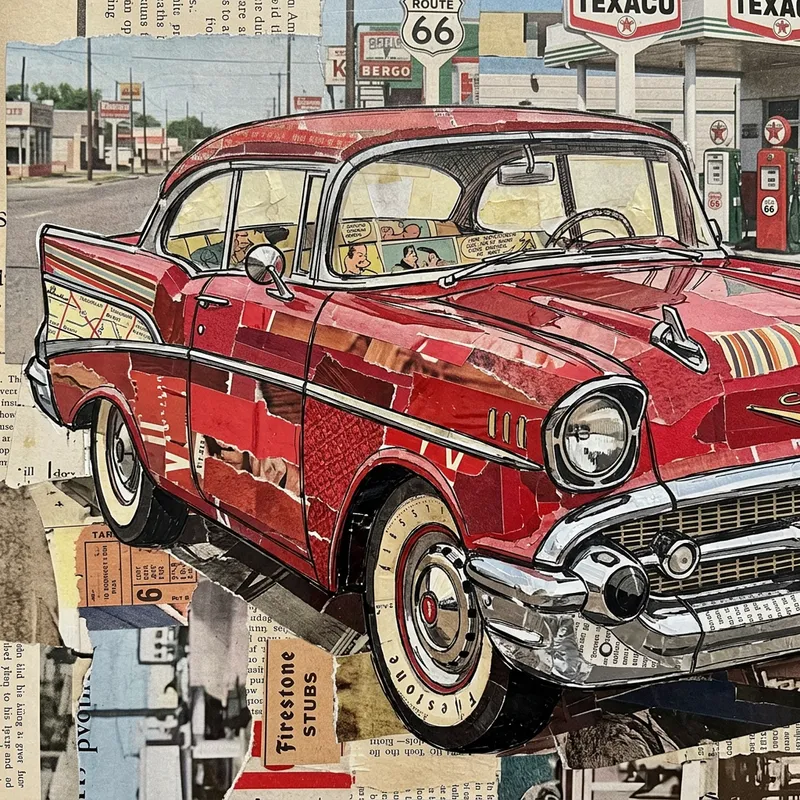 Retro Red Car Collage Art: Handmade Vintage Masterpiece