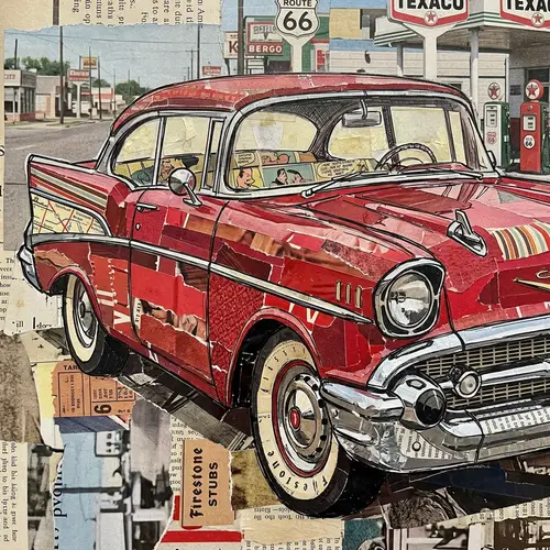 Retro Red Car Collage Art: Vintage Handmade Masterpiece