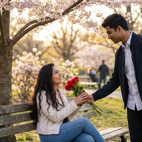 Romantic Gesture: Asian Man Woos Hispanic Woman with Red Roses