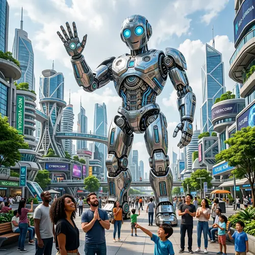 Futuristic Friendly Robot in Colorful Cityscape | Exciting Tech Vision