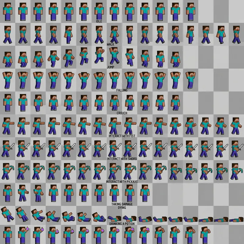 Complete Minecraft Steve Pixel Art Sprite Sheet Complete Minecraft Steve Pixel Art Sprite Sheet
