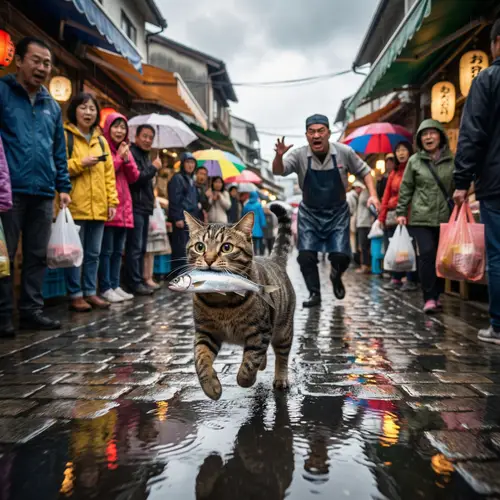 Bustling Marketplace Chase: Tabby Cat Fleeing with Fish