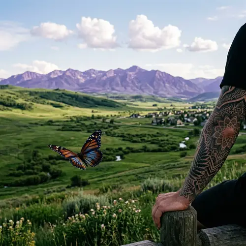 Cinematic Landscape with Majestic Purple Mountains and Butterfly