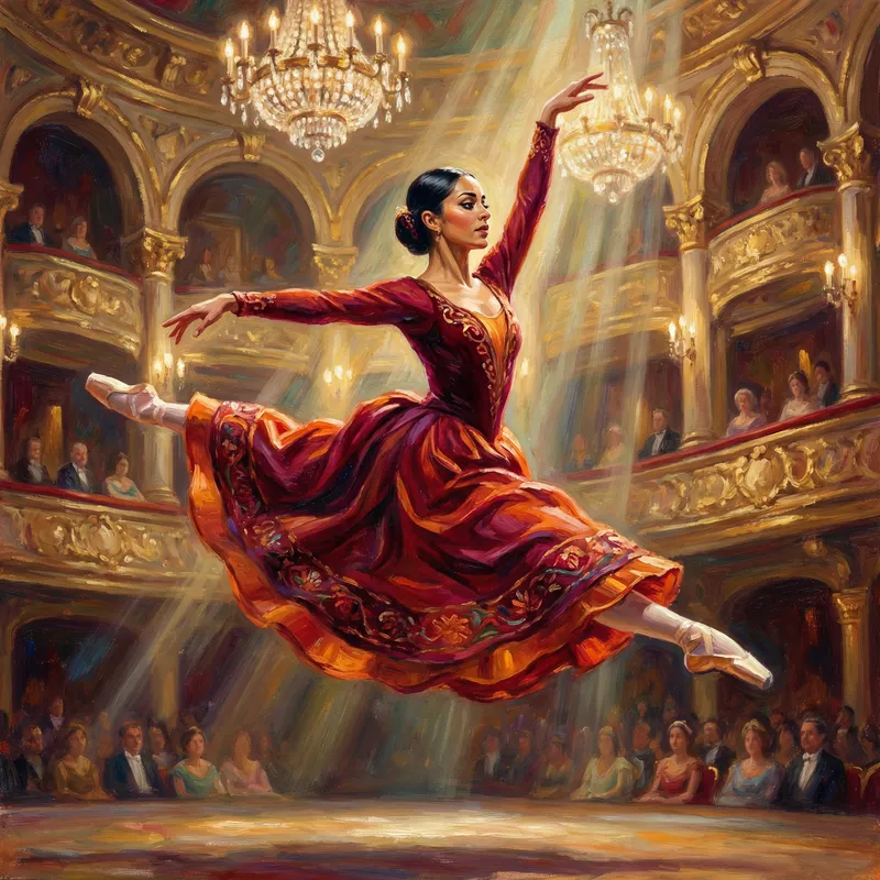 Elegant Ballerina Leaping in Grand Theater - Vibrant Colors, Dramatic Lighting Elegant Ballerina Leaping in Grand Theater - Vibrant Colors, Dramatic Lighting