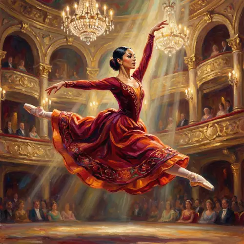 Hispanic Ballerina in Grand Theater - Vibrant, Graceful, Dramatic