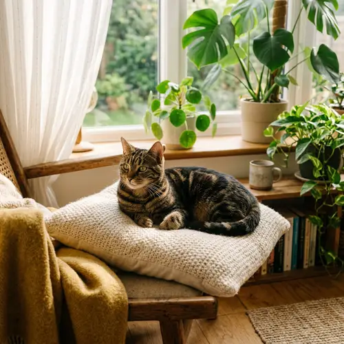 Lovely Housecat Relaxing in Comfort | Black & Brown Tabby Cat
