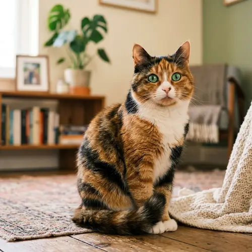 Calico Cat with Soft, Fluffy Fur and Bright Green Eyes