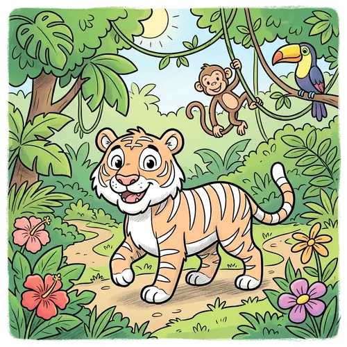 Friendly Tiger in Vibrant Jungle - Kids Cartoon Style