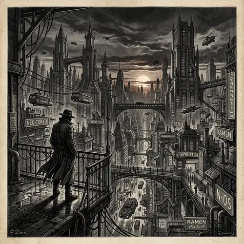 Cyberpunk Cityscape at Twilight | Neon Hues and Trench Coat Shadow