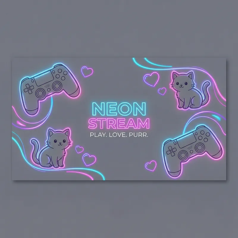 Grey Twitch Banner with Gamepads, Kitties, Hearts, and Neon Elements