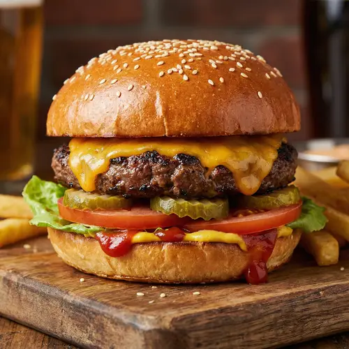 Mouth-Watering Gourmet Burger: Juicy Beef, Fresh Veggies & Cheese