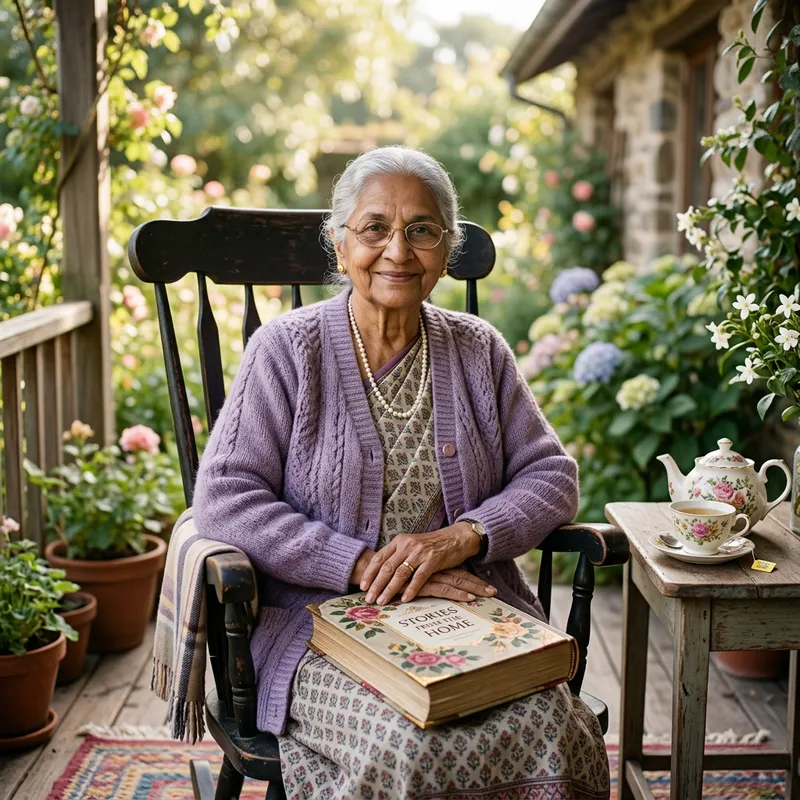 Peaceful Elderly South Asian Woman in Lavender Cardigan Rocking Chair