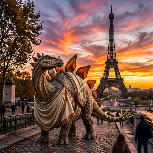 Stegosaurus in Roman Toga at Eiffel Tower Sunset Digital Art