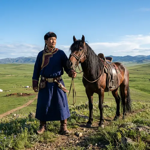 Mongolian Hero in Traditional Attire with Majestic Horse on Steppes