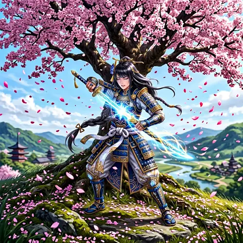Fantasy Game-Inspired Samurai Character Drawing Sword under Sakura Tree