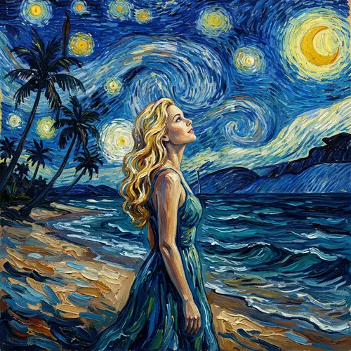 Starry Night Beach Art: Enchanting Blonde Woman under Twinkling Sky