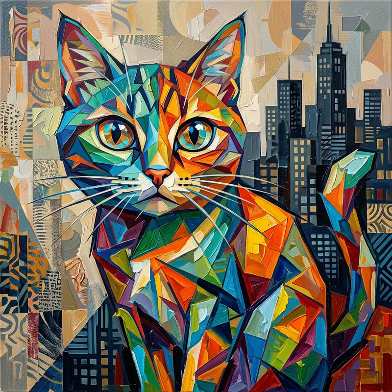 Vibrant Cubist Cat Painting | Hyper-Realistic Art