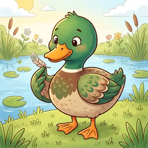 Cartoony Green Duck with a Small Feather