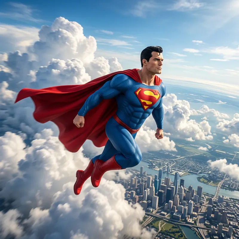 Superman's Heroic Flight in Blue Costume with Red Cape