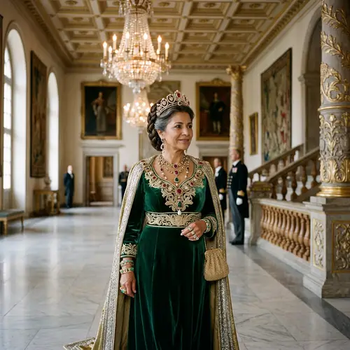 Regal Public Figure Adorned in Splendid Jewelry at Magnificent Palace