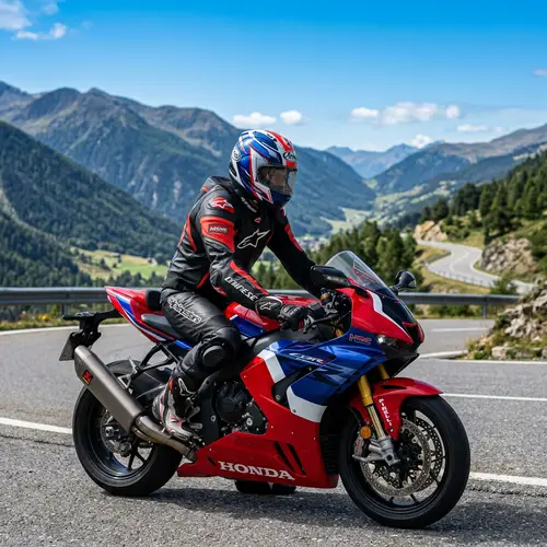 High-End Honda R1 Motorcycle Image | Racing Gear and Scenic Landscape