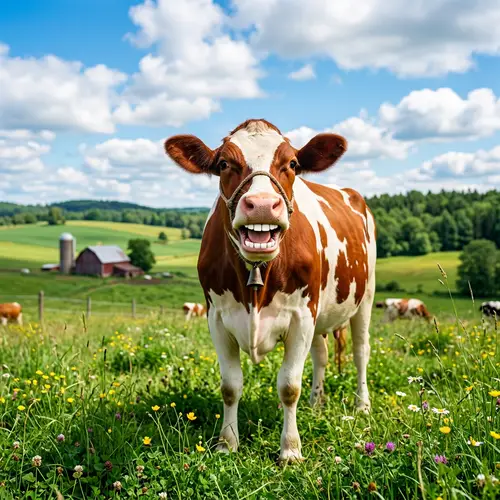 Cheerful Cow in Green Field | Red & White Hide | Happiness & Joy