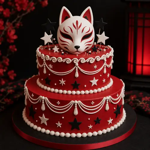 Stunning Red Two Tier Cake with Kitsune Mask Topper