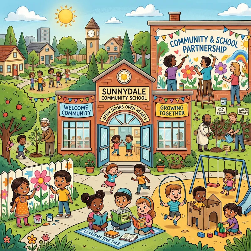 Cartoon Illustration of School-Community Partnership