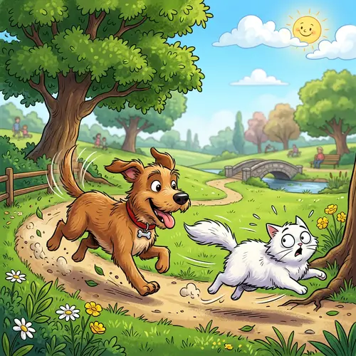 Energetic Brown Dog Chasing Fluffy White Cat in Green Park