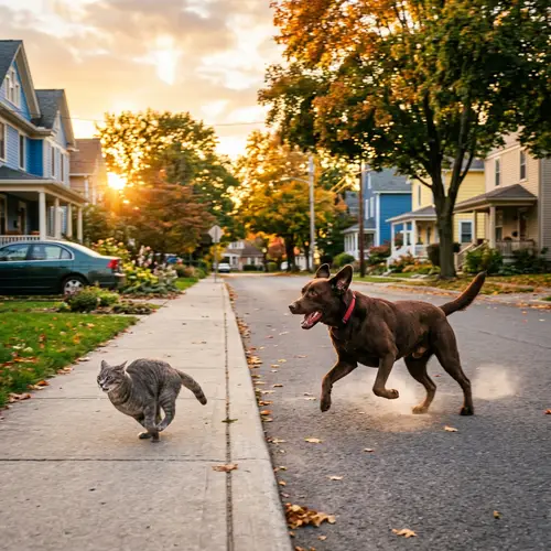 Dynamic Dog Chase in Suburban Sunset Scene