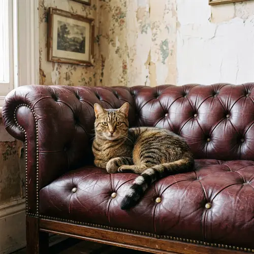 Tabby Cat on Chesterfield Couch with Sophistication and Elegance