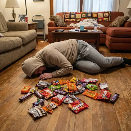 Person Surrounded by Candy Wrappers