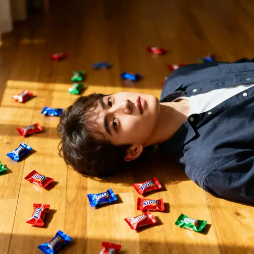 Person Surrounded by Candy Wrappers