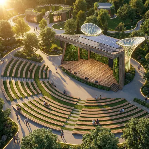 Eco-Futuristic Park Stage: A Summer Evening Scene
