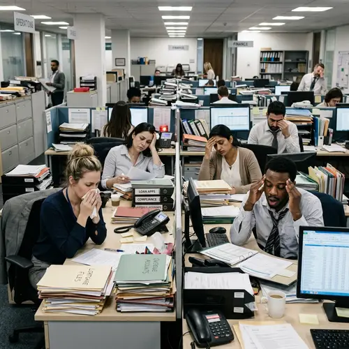 Diverse Bankers Facing Exhaustion in Stressful Office Environment