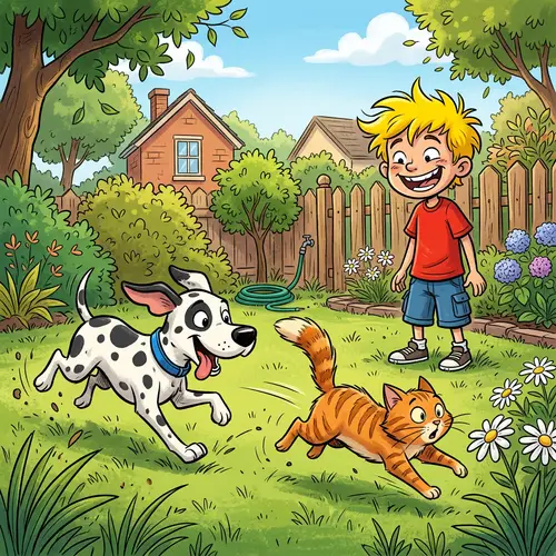 Playful Spotted Dog Chasing a Ginger Cat and Cartoon Boy Smiling