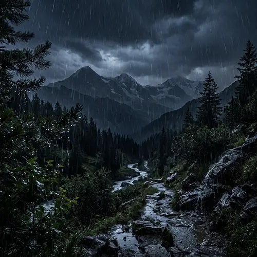 Scenic Mountain Landscape in Strong Night Rain