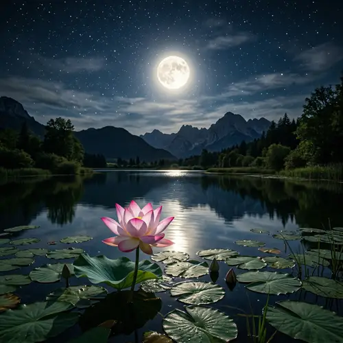 Lotus Blooming Under Moonlit Water