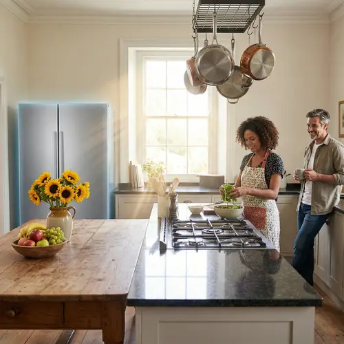 Captivating Kitchen Scene with Refrigerator, Sunflowers, and Sunlight