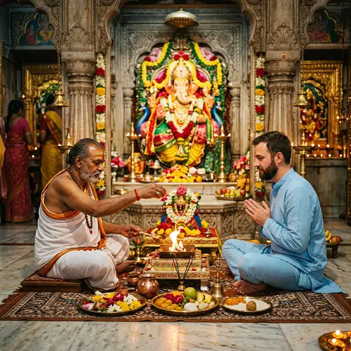 South Asian Pandit Pooja Ceremony in Richly Adorned Temple