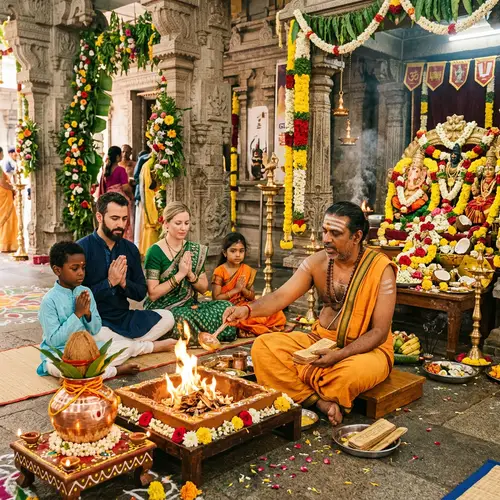 Hindu Priest Performing Sacred Ritual in Temple with Devotee Family | Website Name