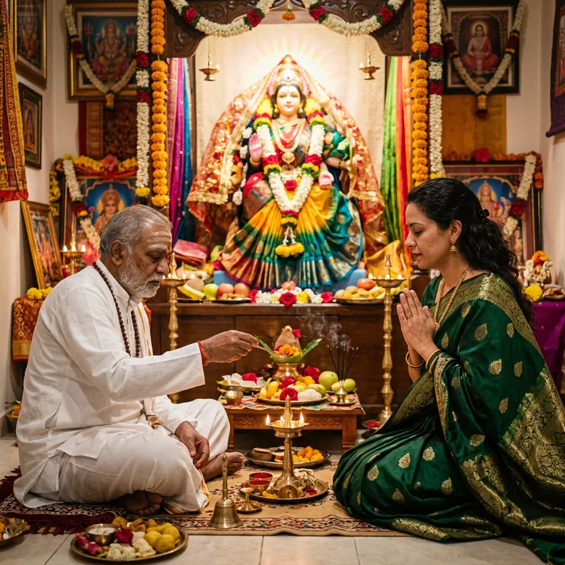 South Asian Pandit Conducting Pooja Service with Peacock Blue Deity