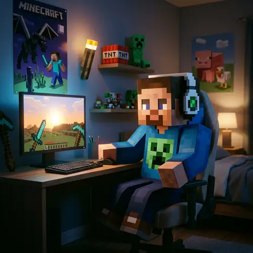 Pixelated Minecraft Player in Gaming Attire - Gaming Room Scene